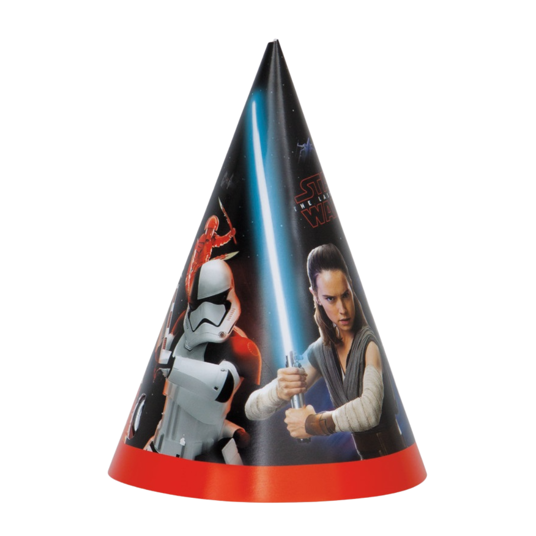 Black Star Wars cone hat featuring Rey and stormtrooper for birthday from Parte Haus party supply store in Bethesda MD