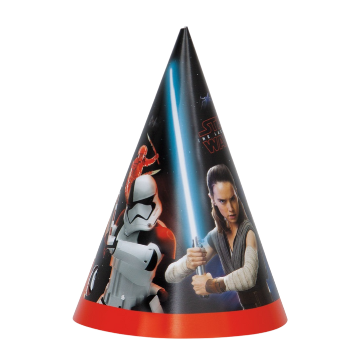 Black Star Wars cone hat featuring Rey and stormtrooper for birthday from Parte Haus party supply store in Bethesda MD