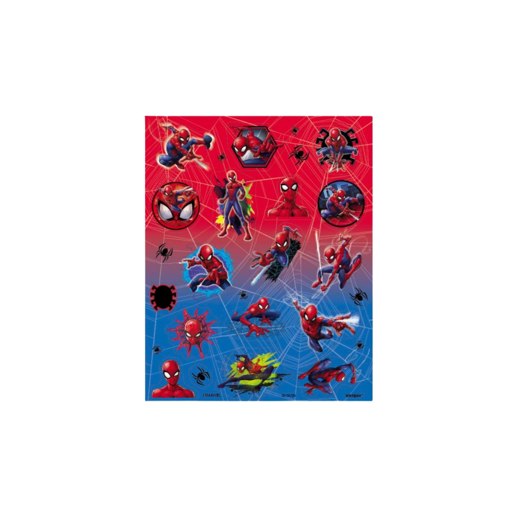Red and blue Spider-Man sticker sheet with comic characters superhero theme from Parte Haus party supply store in Bethesda MD