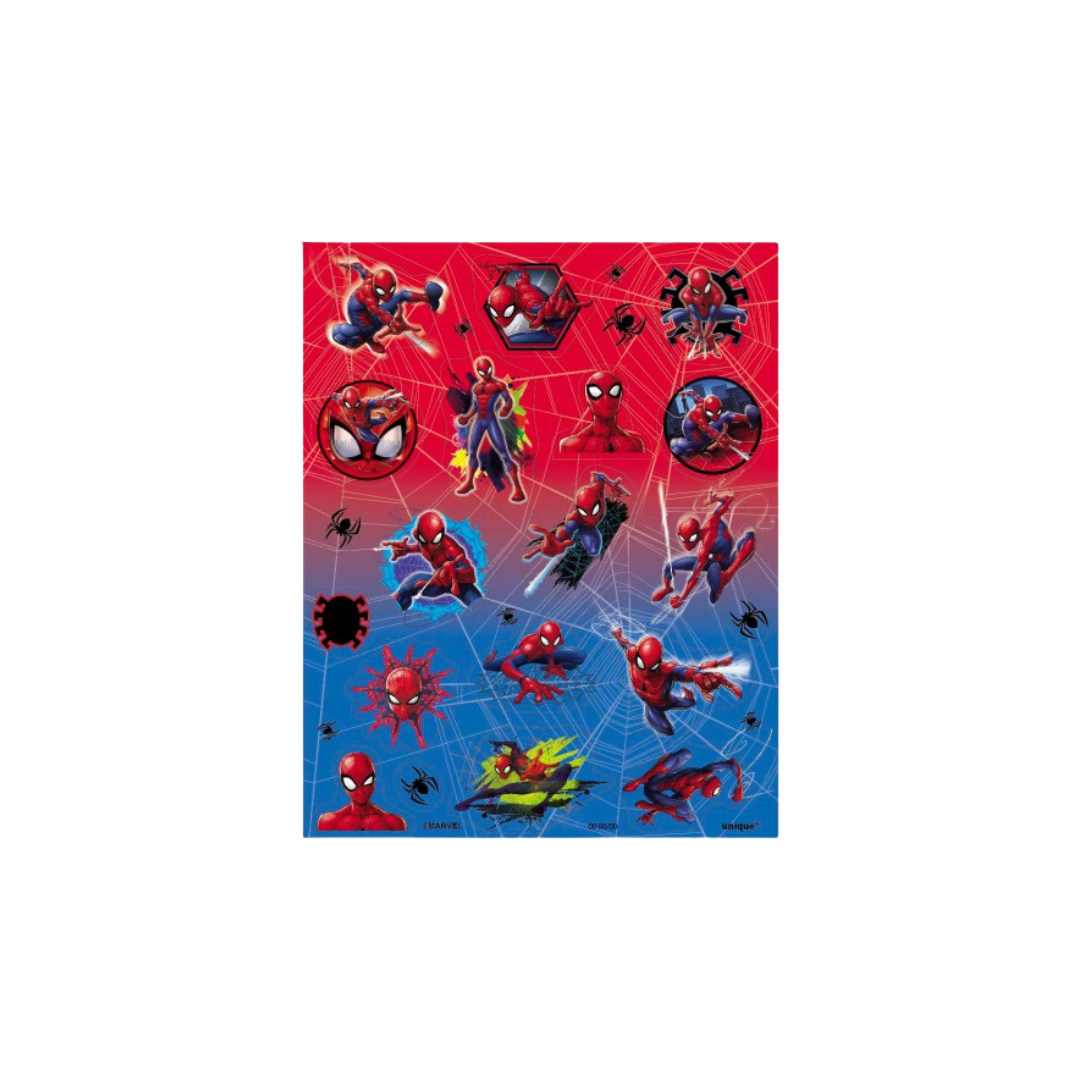 Red and blue Spider-Man sticker sheet with comic characters superhero theme from Parte Haus party supply store in Bethesda MD