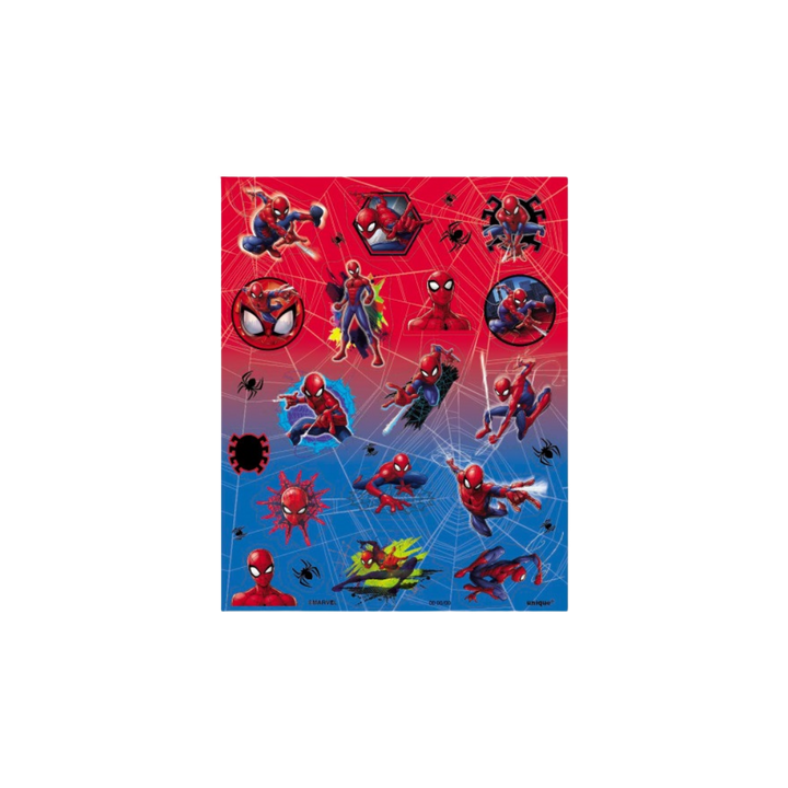 Red and blue Spider-Man sticker sheet with comic characters superhero theme from Parte Haus party supply store in Bethesda MD