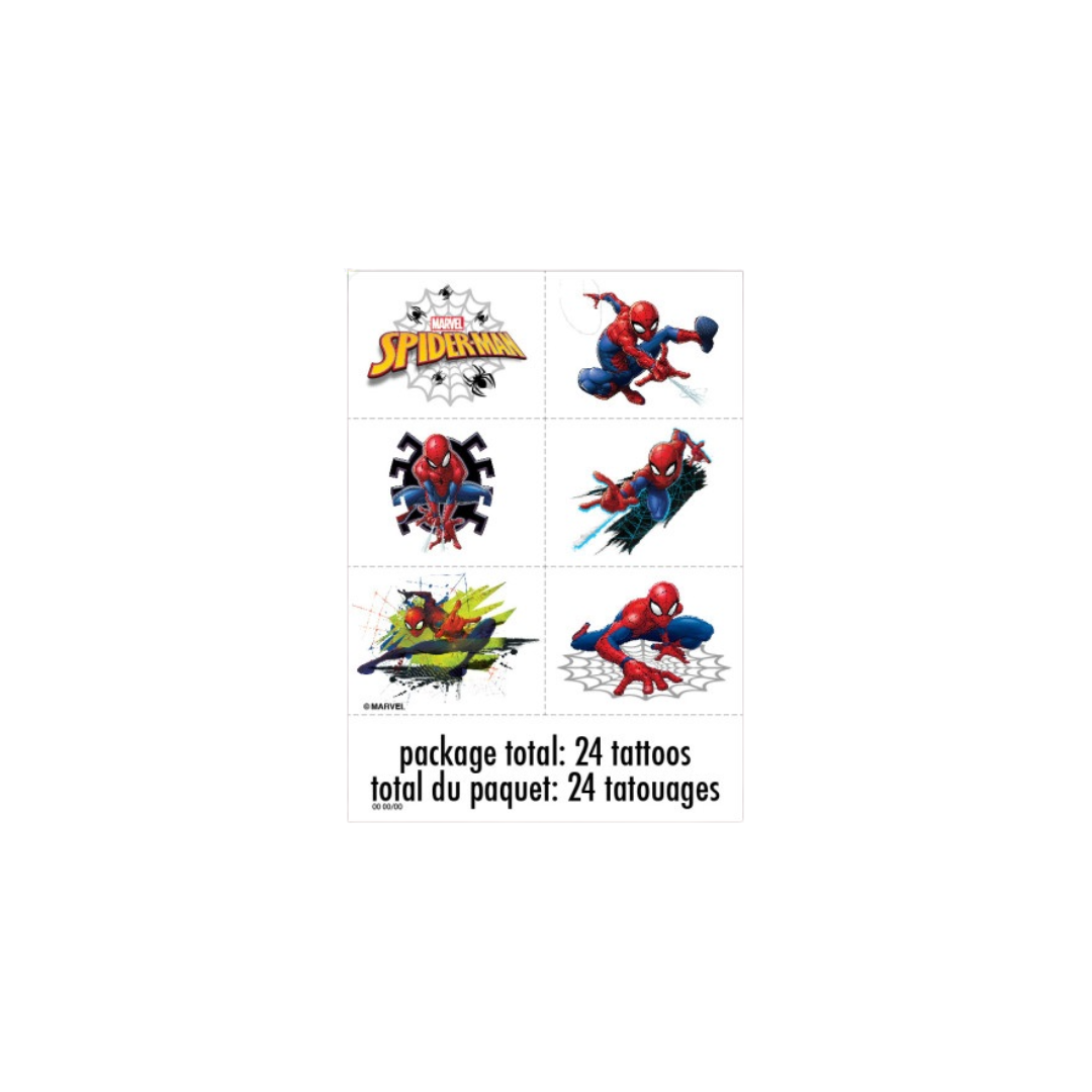 Red Spider Man temporary tattoos with action poses superhero birthday theme from Parte Haus party supply store in Bethesda MD