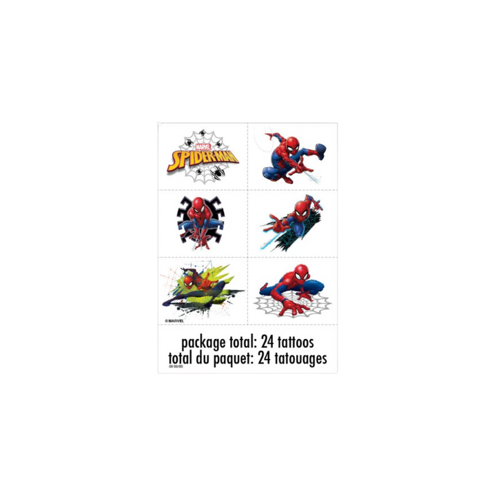 Red Spider Man temporary tattoos with action poses superhero birthday theme from Parte Haus party supply store in Bethesda MD