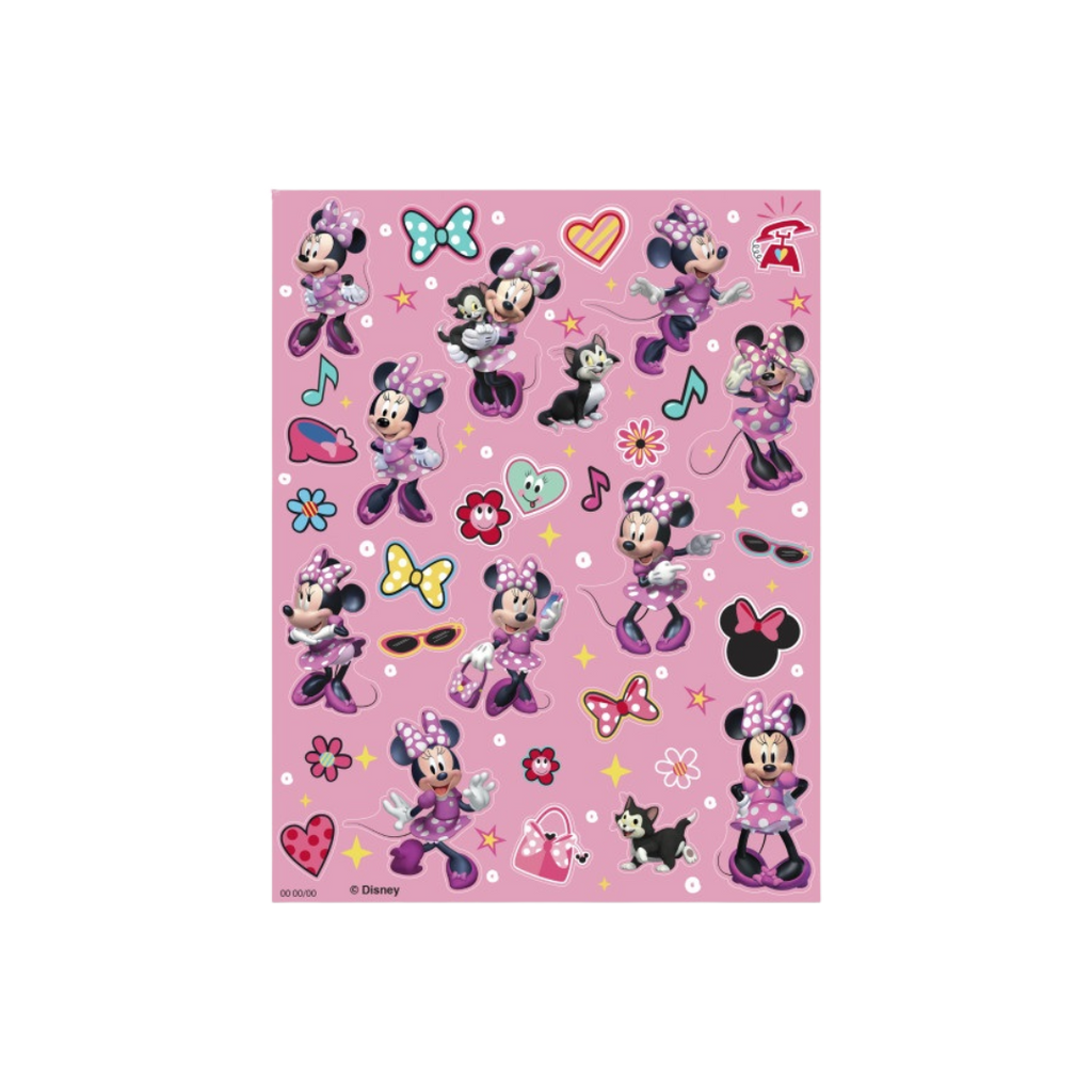Pink Minnie Mouse sticker sheet with bows and hearts birthday theme from Parte Haus party supply store in Bethesda MD