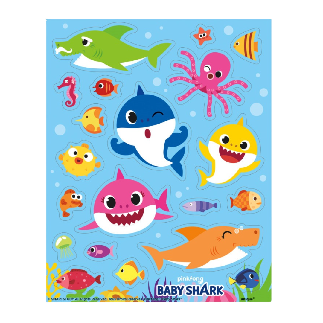 Multicolor Baby Shark sticker sheet with sea animals for birthday or kids theme from Parte Haus party supply store in Bethesda MD