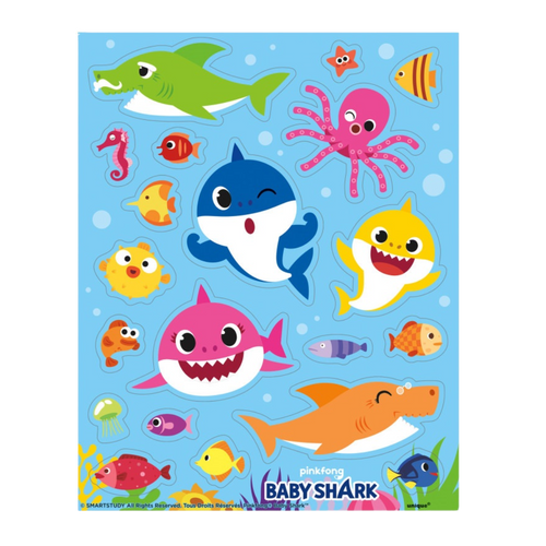 Multicolor Baby Shark sticker sheet with sea animals for birthday or kids theme from Parte Haus party supply store in Bethesda MD