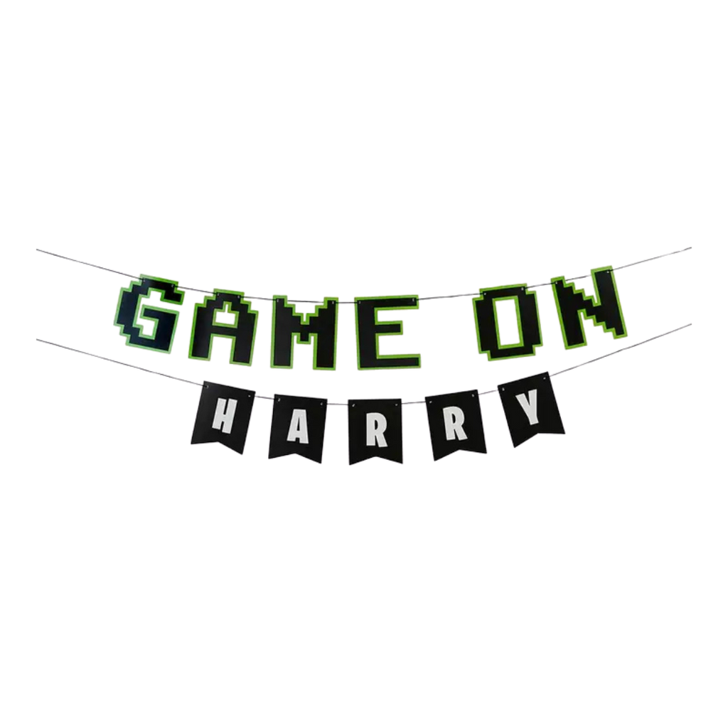 Green and black gamer banner with block letters game on theme from Parte Haus party supply store in Bethesda Maryland