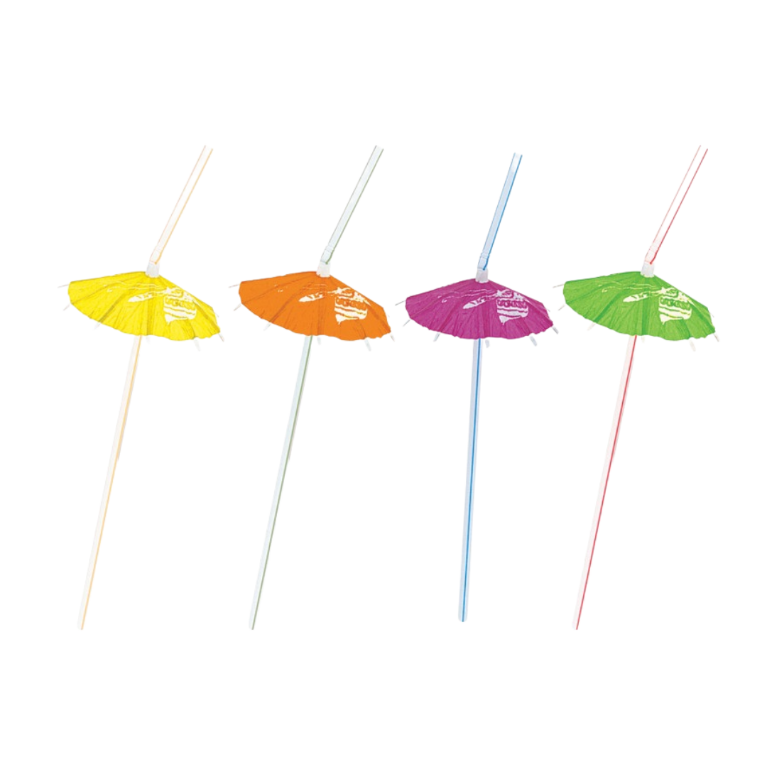 Yellow orange purple green umbrella straws tropical theme from Parte Haus party supply store in Bethesda MD