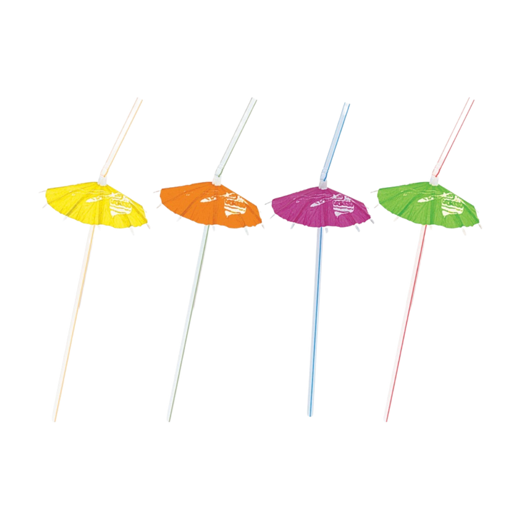 Yellow orange purple green umbrella straws tropical theme from Parte Haus party supply store in Bethesda MD