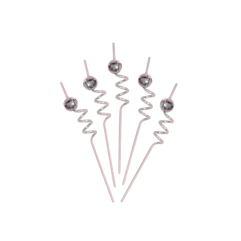 Silver disco ball drink stirrers with spiral sticks for celebration from Parte Haus party supply store in Bethesda MD