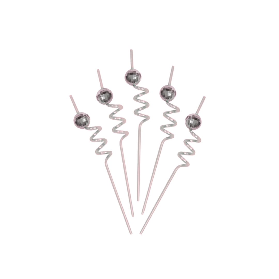 Silver disco ball drink stirrers with spiral sticks for celebration from Parte Haus party supply store in Bethesda MD