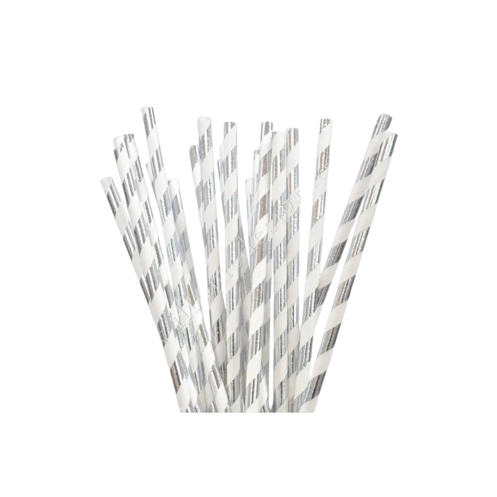 Silver and white striped paper straws with metallic finish birthday theme from Parte Haus party supply store in Bethesda MD