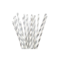 Silver and white striped paper straws with metallic finish birthday theme from Parte Haus party supply store in Bethesda MD