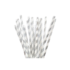 Silver and white striped paper straws with metallic finish birthday theme from Parte Haus party supply store in Bethesda MD