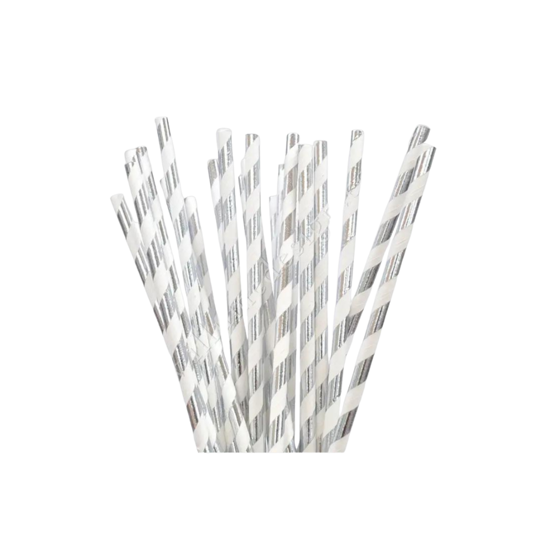 Silver and white striped paper straws with metallic finish birthday theme from Parte Haus party supply store in Bethesda MD