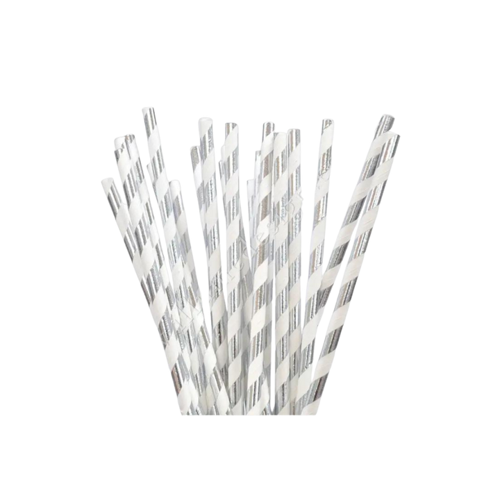 Silver Striped Paper Straws - 25 pk
