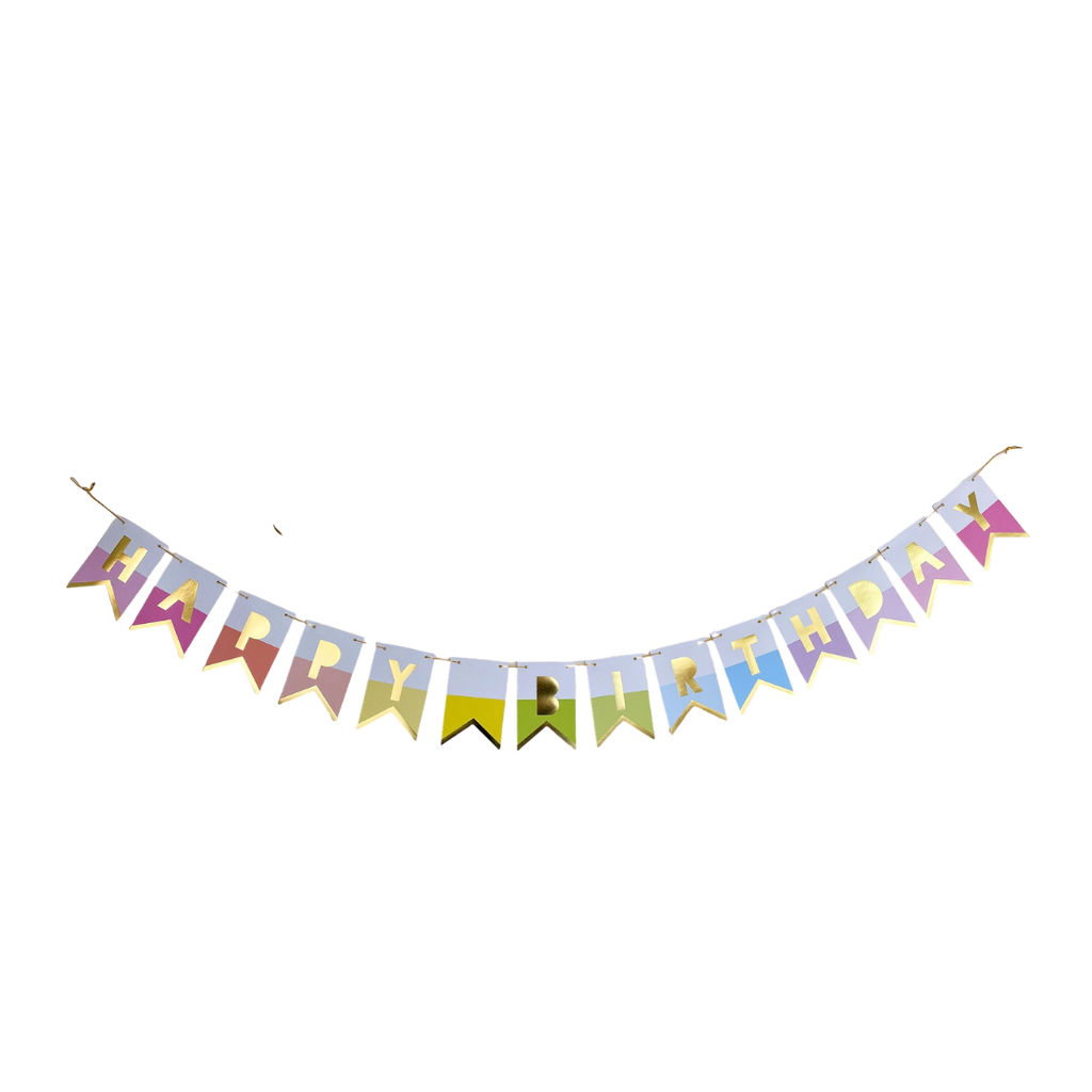Multicolor happy birthday banner with flags birthday theme from Parte Haus party supply store in Bethesda MD