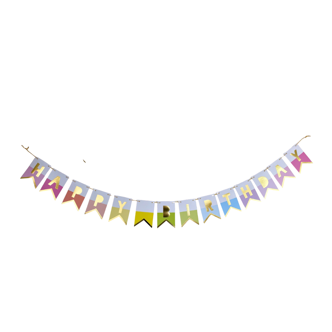 Multicolor happy birthday banner with flags birthday theme from Parte Haus party supply store in Bethesda MD
