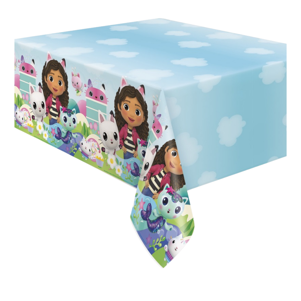 Blue Gabby's Dollhouse table cover with cartoon cats and girl birthday theme from Parte Haus party supply store in Bethesda MD.