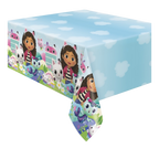 Blue Gabby's Dollhouse table cover with cartoon cats and girl birthday theme from Parte Haus party supply store in Bethesda MD.