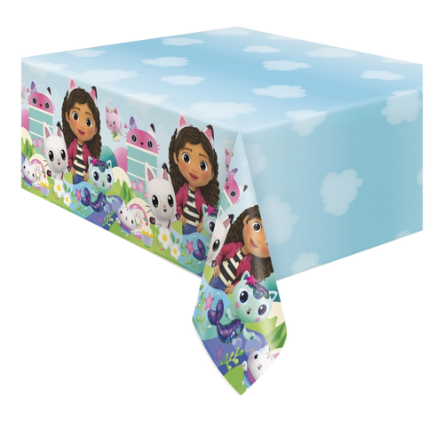 Blue Gabby's Dollhouse table cover with cartoon cats and girl birthday theme from Parte Haus party supply store in Bethesda MD.