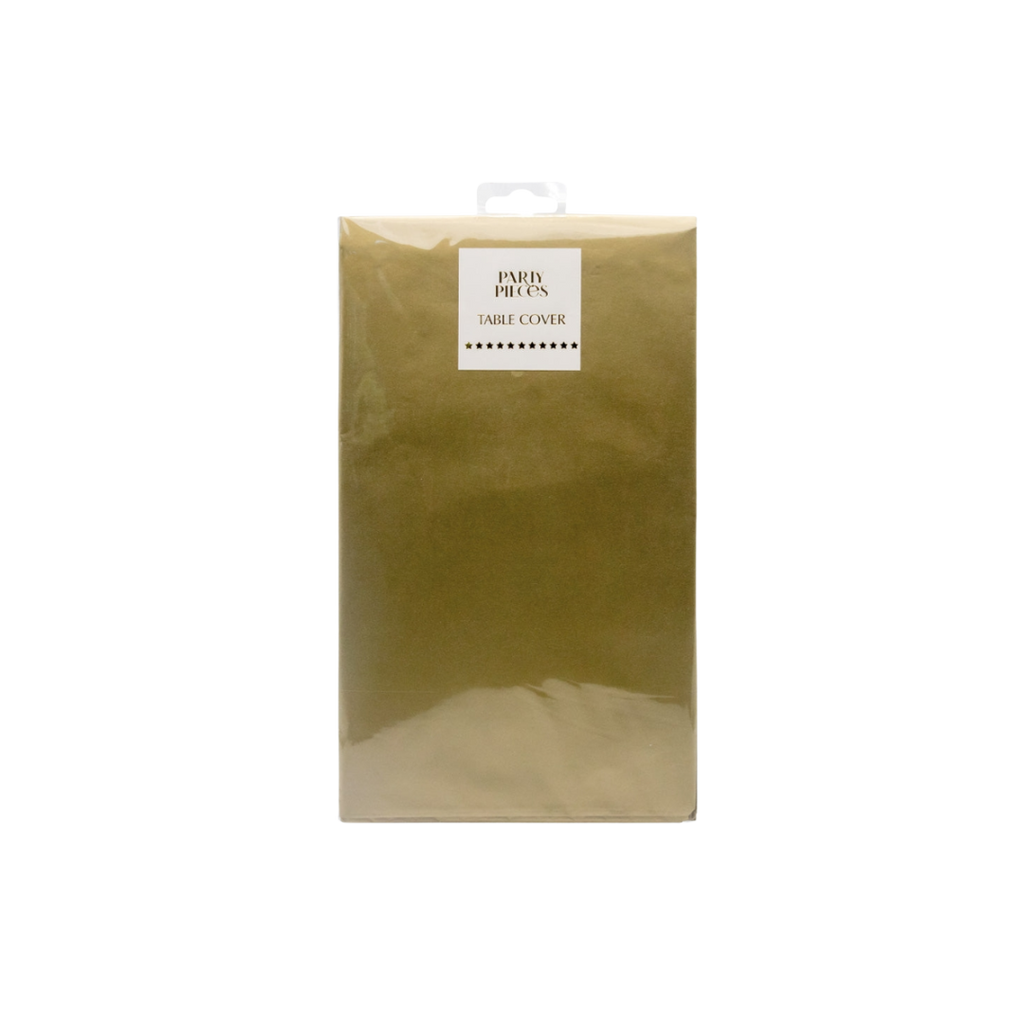 Gold table cover in packaging elegant decor for celebrations from Parte Haus party supply store in Bethesda MD