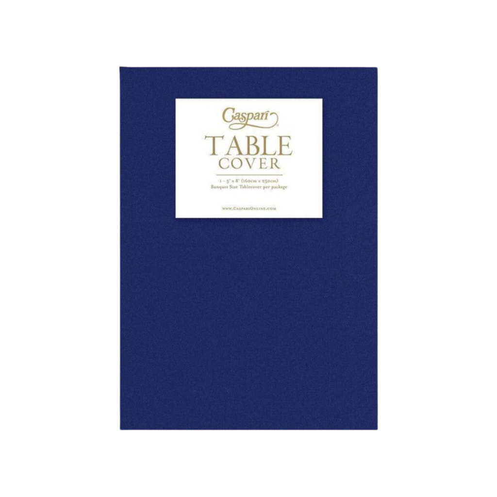 Navy blue table cover with white label for banquet occasions from Parte Haus party supply store in Bethesda Maryland