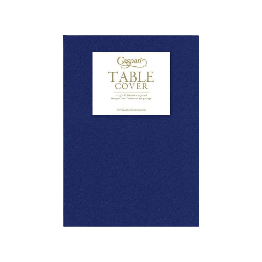 Navy blue table cover with white label for banquet occasions from Parte Haus party supply store in Bethesda Maryland