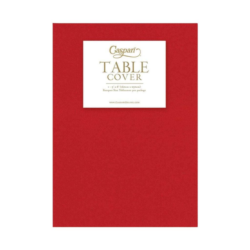 Red table cover solid color perfect for celebrations from Parte Haus party supply store in Bethesda Maryland