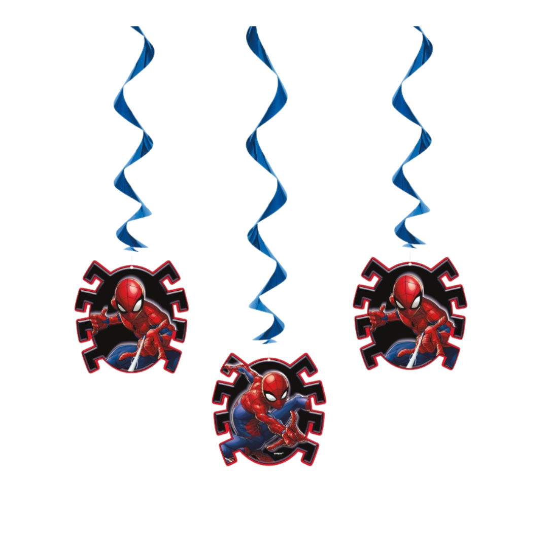Red blue Spiderman hanging swirl decorations superhero birthday from Parte Haus party supply store in Bethesda MD