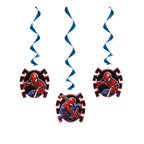 Red blue Spiderman hanging swirl decorations superhero birthday from Parte Haus party supply store in Bethesda MD