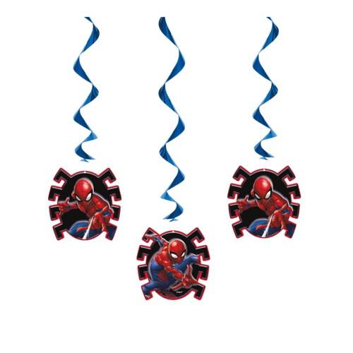 Red blue Spiderman hanging swirl decorations superhero birthday from Parte Haus party supply store in Bethesda MD