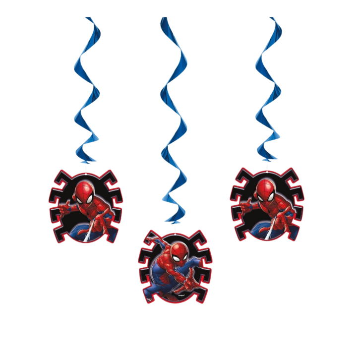 Red blue Spiderman hanging swirl decorations superhero birthday from Parte Haus party supply store in Bethesda MD