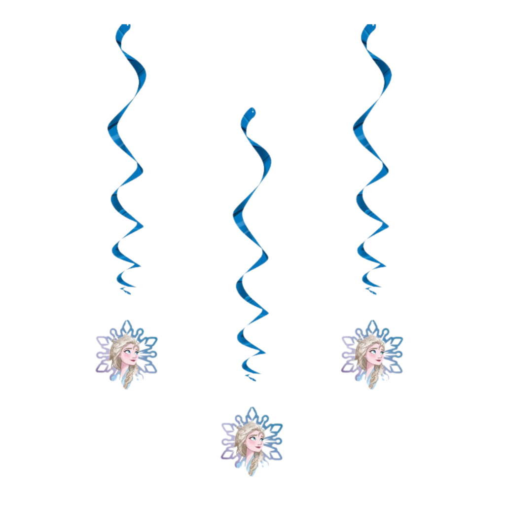 Blue Frozen hanging swirl decorations with character face for Frozen birthday from Parte Haus party supply store in Bethesda Maryland