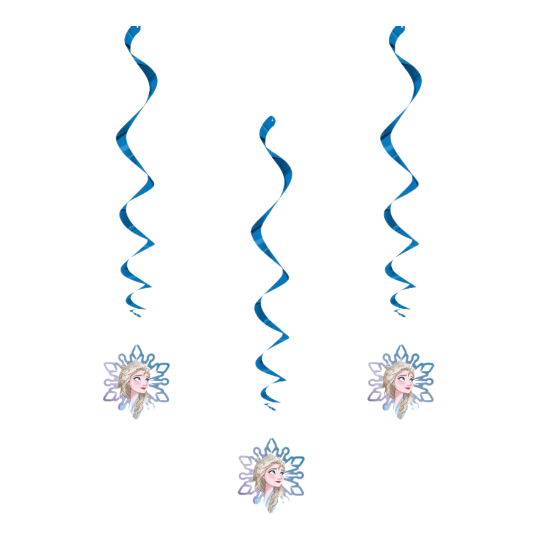 Blue Frozen hanging swirl decorations with character face for Frozen birthday from Parte Haus party supply store in Bethesda Maryland