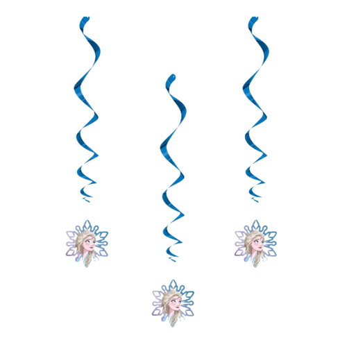 Blue Frozen hanging swirl decorations with character face for Frozen birthday from Parte Haus party supply store in Bethesda Maryland