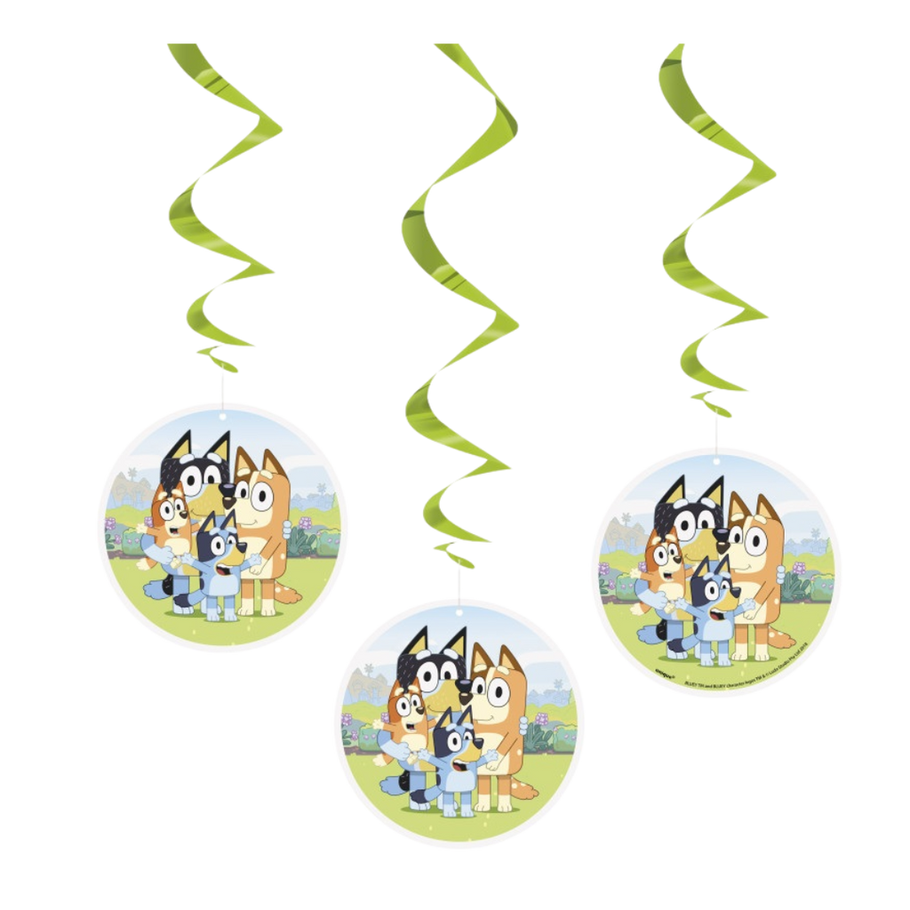 Green Bluey swirl decorations featuring cartoon dog family for kids birthday from Parte Haus party supply store in Bethesda MD.