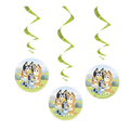 Green Bluey swirl decorations featuring cartoon dog family for kids birthday from Parte Haus party supply store in Bethesda MD.
