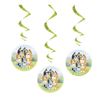 Green Bluey swirl decorations featuring cartoon dog family for kids birthday from Parte Haus party supply store in Bethesda MD.