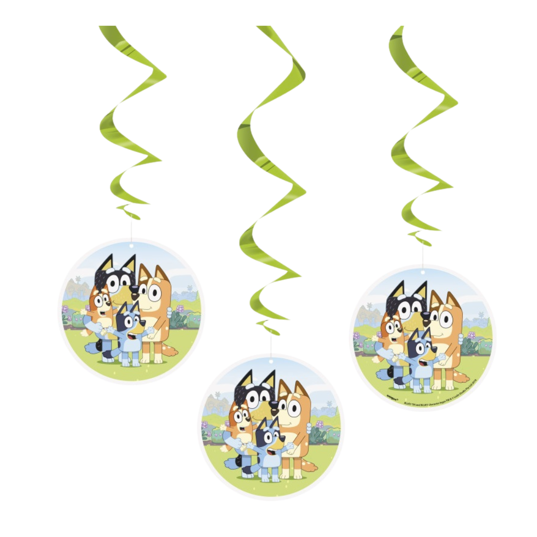 Green Bluey swirl decorations featuring cartoon dog family for kids birthday from Parte Haus party supply store in Bethesda MD.