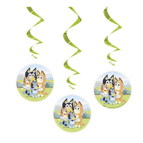 Green Bluey swirl decorations featuring cartoon dog family for kids birthday from Parte Haus party supply store in Bethesda MD.