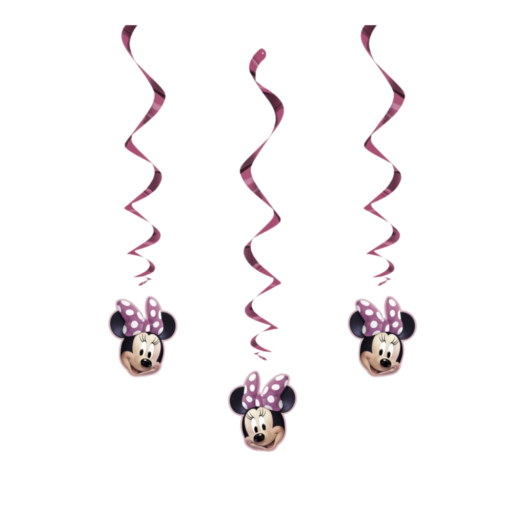 Pink Minnie Mouse swirl hanging decorations birthday theme from Parte Haus party supply store in Bethesda MD