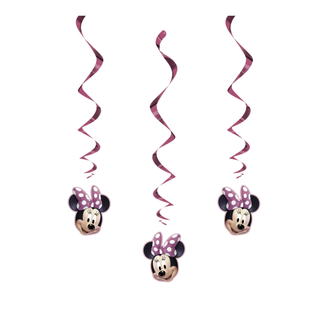 Pink Minnie Mouse swirl hanging decorations birthday theme from Parte Haus party supply store in Bethesda MD