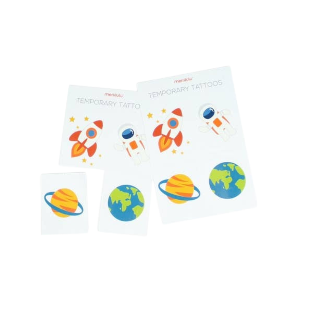 colorful space themed temporary tattoos with rockets planets and astronaut for birthday from Parte Haus party supply store in Bethesda MD