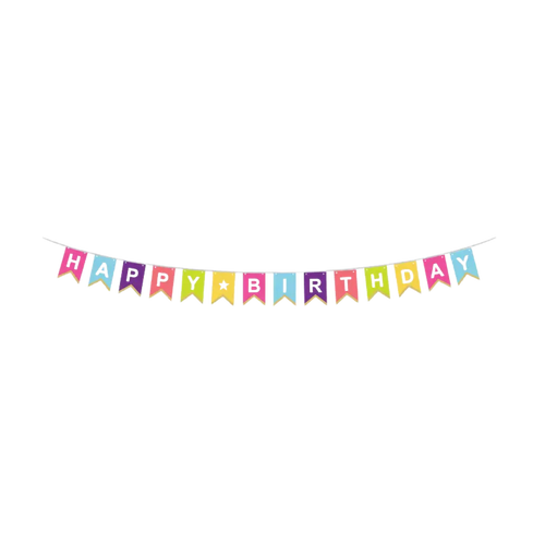 Colorful happy birthday banner with bold letters birthday theme from Parte Haus party supply store in Bethesda MD.