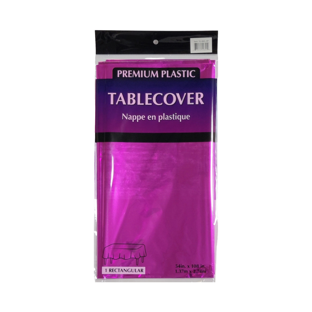 Pink plastic rectangular tablecover in packaging for birthdays from Parte Haus party supply store in Bethesda Maryland