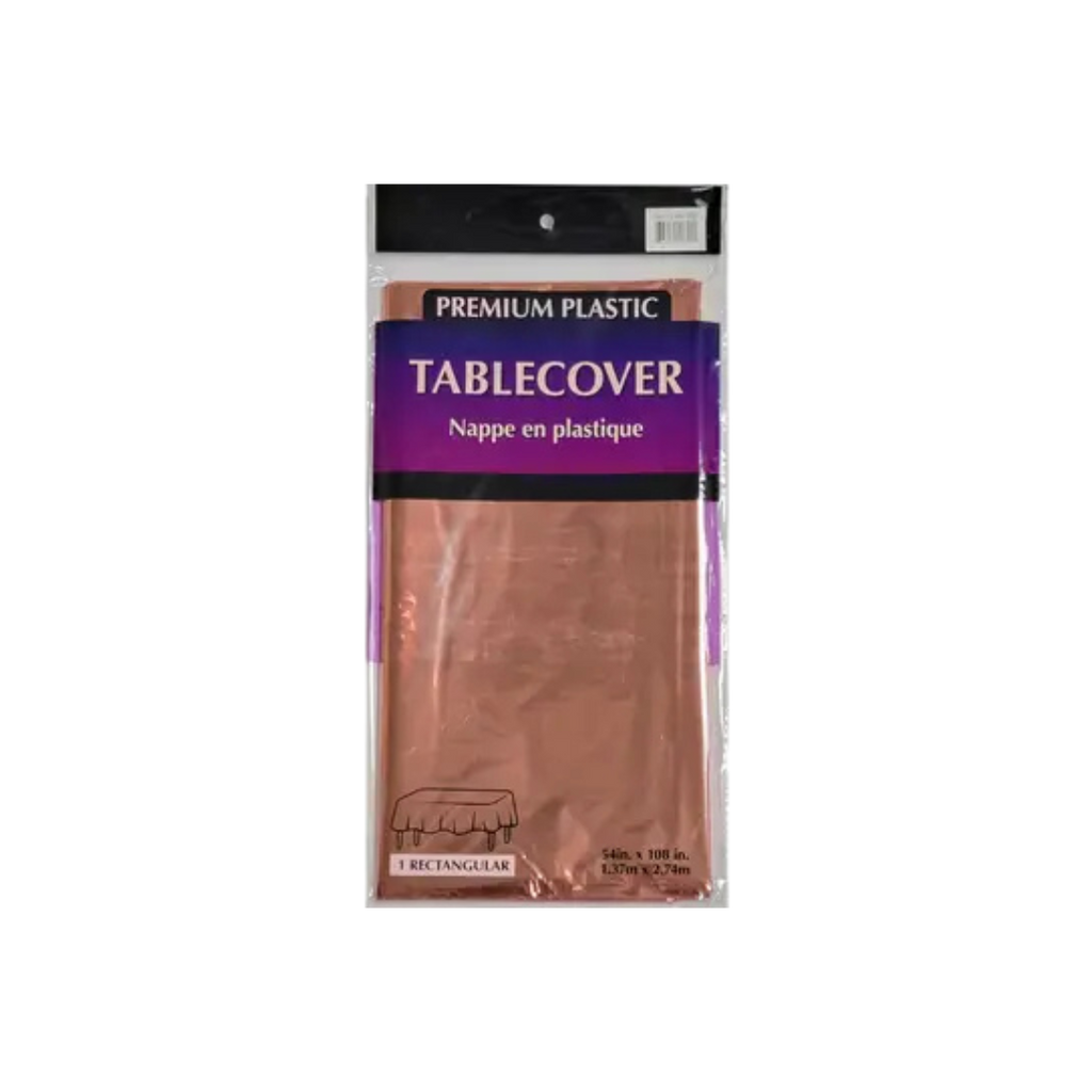 Rose gold plastic rectangle table cover in clear packaging birthday from Parte Haus party supply store in Bethesda MD.