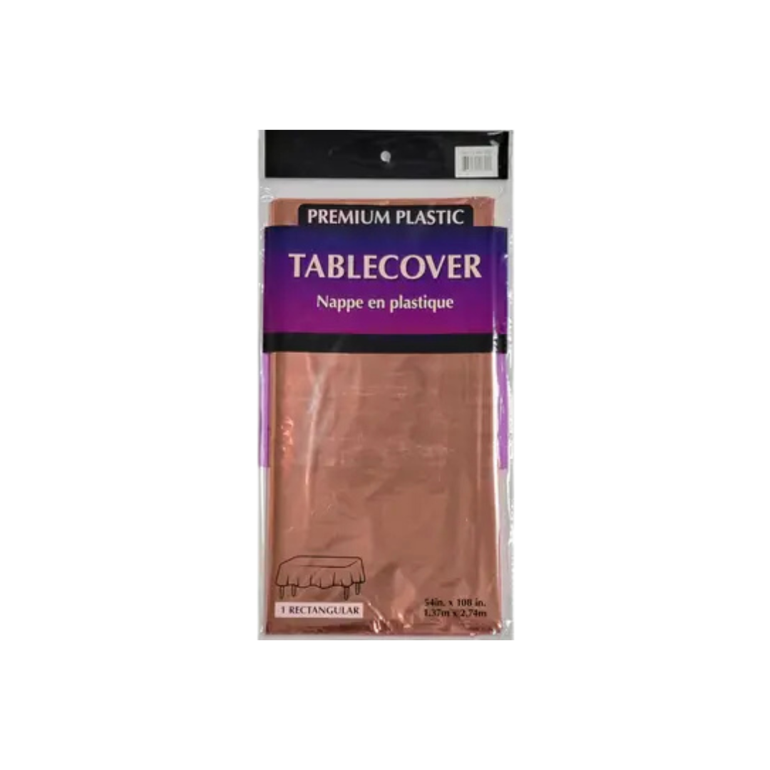 Rose gold plastic rectangle table cover in clear packaging birthday from Parte Haus party supply store in Bethesda MD.