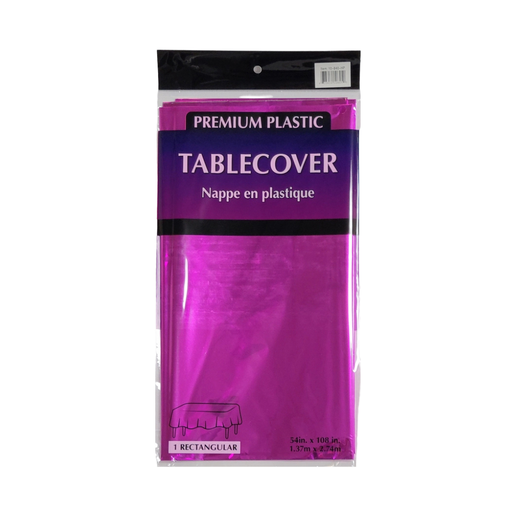 Pink plastic tablecover in packaging for birthdays or celebrations from Parte Haus party supply store in Bethesda Maryland