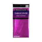 Pink plastic tablecover in packaging for birthdays or celebrations from Parte Haus party supply store in Bethesda Maryland